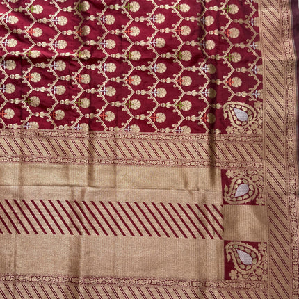 Hand Woven Banarasi Katan Silk Saree | Jangla Weaving, Maroon color with Meenakari gold work