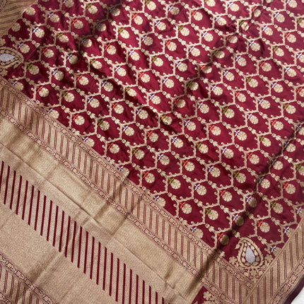Hand Woven Banarasi Katan Silk Saree | Jangla Weaving, Maroon color with Meenakari gold work
