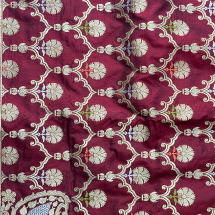 Hand Woven Banarasi Katan Silk Saree | Jangla Weaving, Maroon color with Meenakari gold work