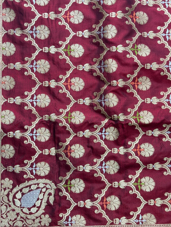 Hand Woven Banarasi Katan Silk Saree | Jangla Weaving, Maroon color with Meenakari gold work