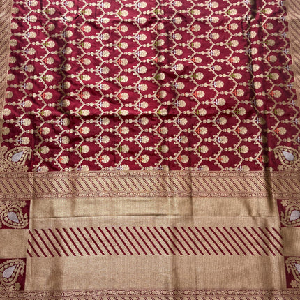 Hand Woven Banarasi Katan Silk Saree | Jangla Weaving, Maroon color with Meenakari gold work