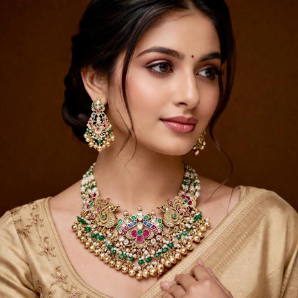 Ruby Emerald Jadau Necklace Set | Handmade Gold Finish, Wedding Jewelry
