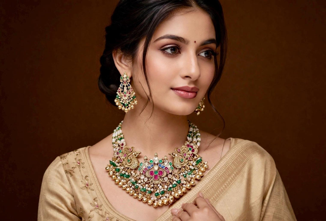 Ruby Emerald Jadau Necklace Set | Handmade Gold Finish, Wedding Jewelry