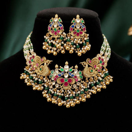Ruby Emerald Jadau Necklace Set | Handmade Gold Finish, Wedding Jewelry
