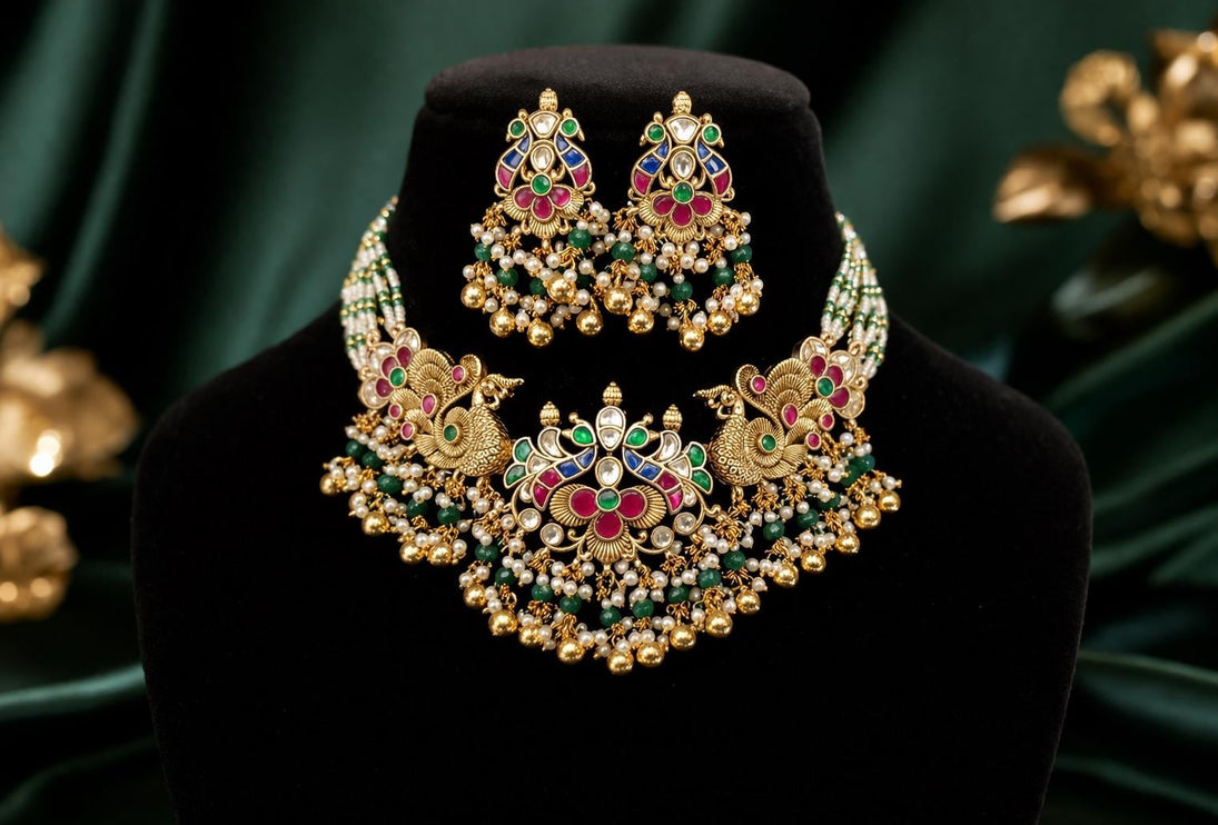 Ruby Emerald Jadau Necklace Set | Handmade Gold Finish, Wedding Jewelry