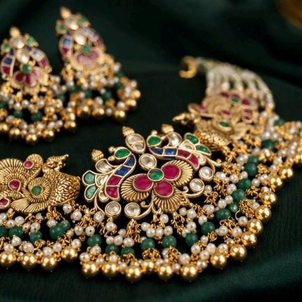 Ruby Emerald Jadau Necklace Set | Handmade Gold Finish, Wedding Jewelry