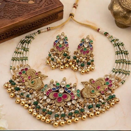 Ruby Emerald Jadau Necklace Set | Handmade Gold Finish, Wedding Jewelry
