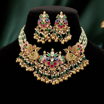 Ruby Emerald Jadau Necklace Set | Handmade Gold Finish, Wedding Jewelry