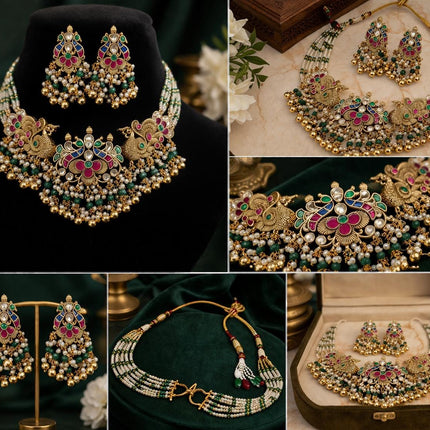 Ruby Emerald Jadau Necklace Set | Handmade Gold Finish, Wedding Jewelry