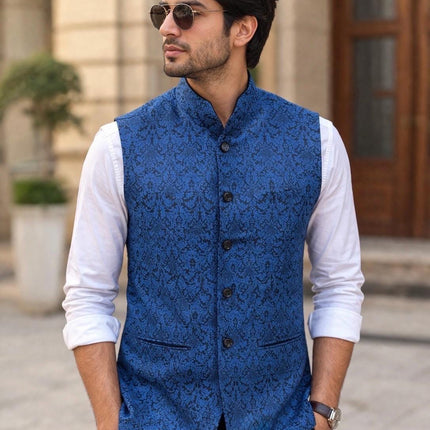 Kani Jamawar Men's Woven Waistcoat, Structured Slim Fit, Black-Royal Blue Statement Fashion Wear