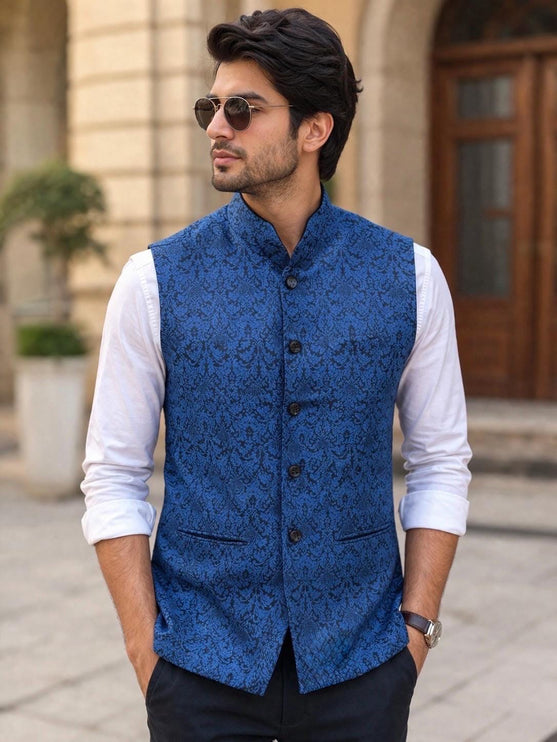 Kani Jamawar Men's Woven Waistcoat, Structured Slim Fit, Black-Royal Blue Statement Fashion Wear