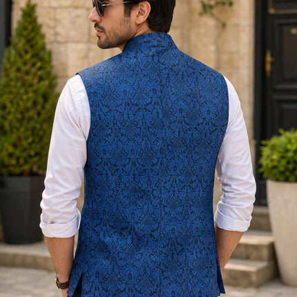 Kani Jamawar Men's Woven Waistcoat, Structured Slim Fit, Black-Royal Blue Statement Fashion Wear