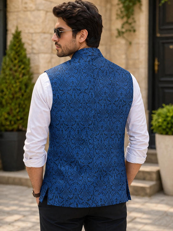 Kani Jamawar Men's Woven Waistcoat, Structured Slim Fit, Black-Royal Blue Statement Fashion Wear