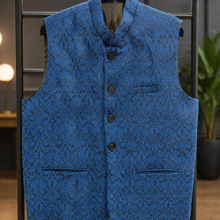 Kani Jamawar Men's Woven Waistcoat, Structured Slim Fit, Black-Royal Blue Statement Fashion Wear