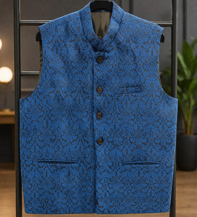 Kani Jamawar Men's Woven Waistcoat, Structured Slim Fit, Black-Royal Blue Statement Fashion Wear