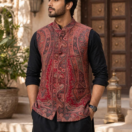 Kani Jamawar Men's Woven Waistcoat, Structured Slim Fit, Black-Royal Blue Statement Fashion Wear