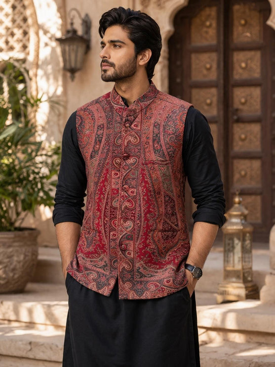 Kani Jamawar Men's Woven Waistcoat, Structured Slim Fit, Black-Royal Blue Statement Fashion Wear