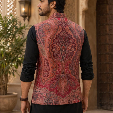 Kani Jamawar Men's Woven Waistcoat, Structured Slim Fit, Black-Royal Blue Statement Fashion Wear