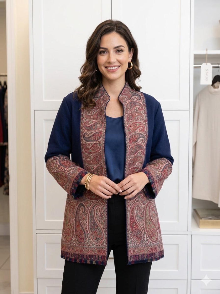 Kani Pashmina Jamawar Jacket, Women's Woven Paisley Coat, Size 44 - 44