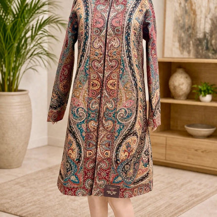 Kani Wool Jacket | Woven Kashmir Artwear, Black Multi, Knee Length