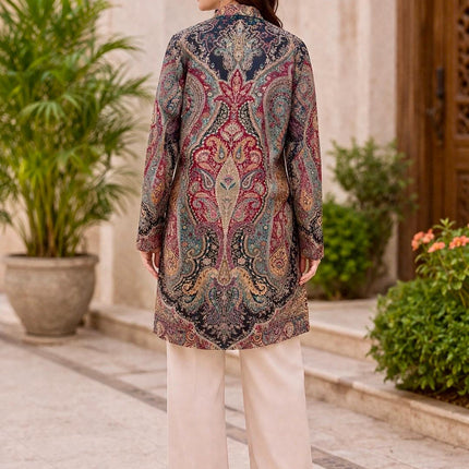 Kani Wool Jacket | Woven Kashmir Artwear, Black Multi, Knee Length