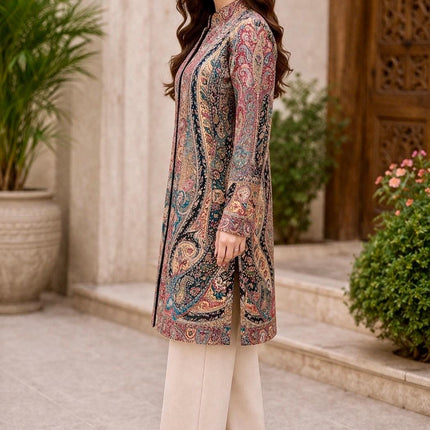 Kani Wool Jacket | Woven Kashmir Artwear, Black Multi, Knee Length