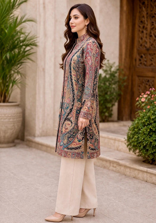 Kani Wool Jacket | Woven Kashmir Artwear, Black Multi, Knee Length