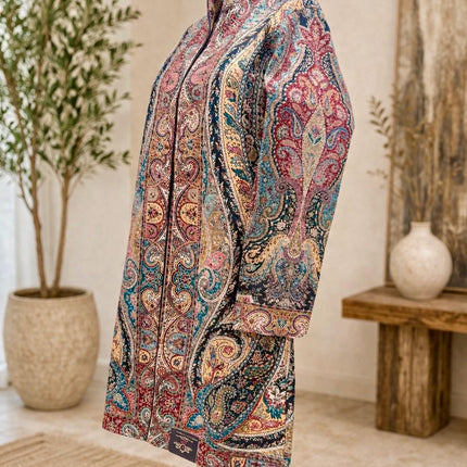 Kani Wool Jacket | Woven Kashmir Artwear, Black Multi, Knee Length