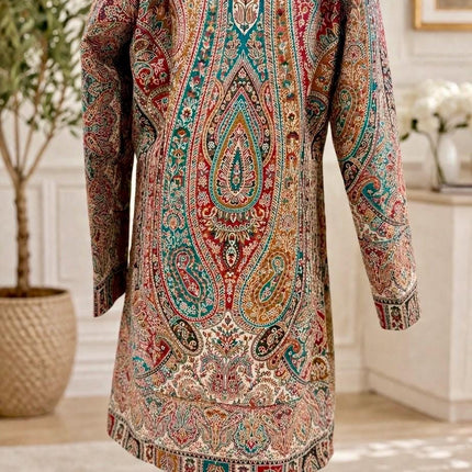 Kani Wool Jacket | Woven Kashmir Artwear, Black Multi, Knee Length