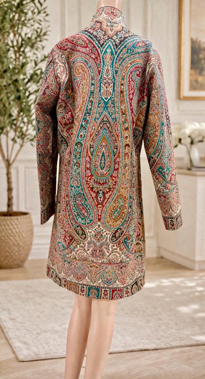 Kani Wool Jacket | Woven Kashmir Artwear, Black Multi, Knee Length