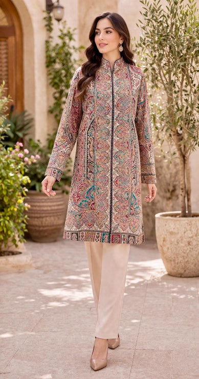 Kani Wool Jacket | Woven Kashmir Artwear, Black Multi, Knee Length