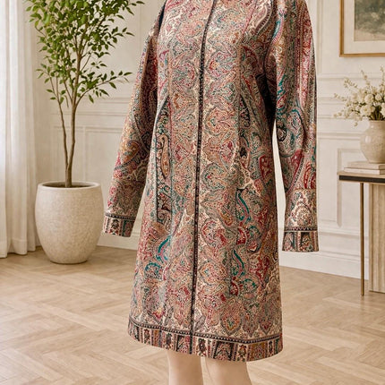Kani Wool Jacket | Woven Kashmir Artwear, Black Multi, Knee Length