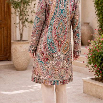Kani Wool Jacket | Woven Kashmir Artwear, Black Multi, Knee Length
