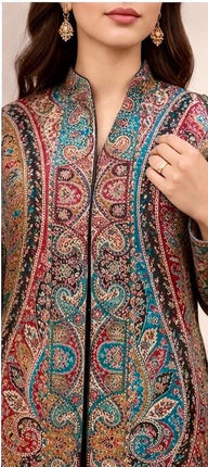 Kani Wool Jacket | Woven Kashmir Artwear, Black Multi, Knee Length