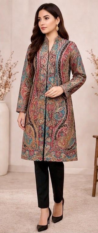 Kani Wool Jacket | Woven Kashmir Artwear, Black Multi, Knee Length