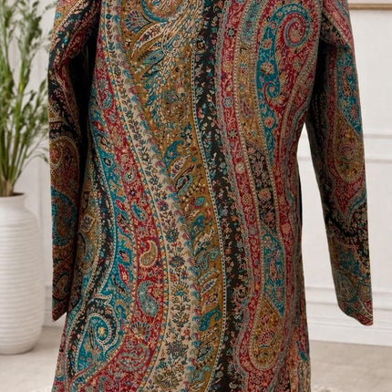 Kani Wool Jacket | Woven Kashmir Artwear, Black Multi, Knee Length