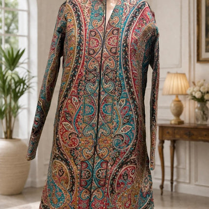 Kani Wool Jacket | Woven Kashmir Artwear, Black Multi, Knee Length