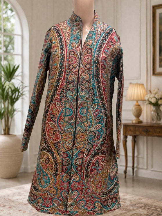 Kani Wool Jacket | Woven Kashmir Artwear, Black Multi, Knee Length