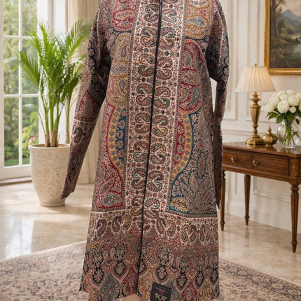 Kani Wool Jacket | Woven Kashmir Artwear, Black Multi, Knee Length