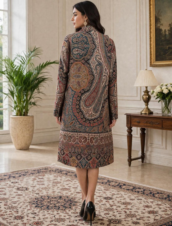 Kani Wool Jacket | Woven Kashmir Artwear, Black Multi, Knee Length
