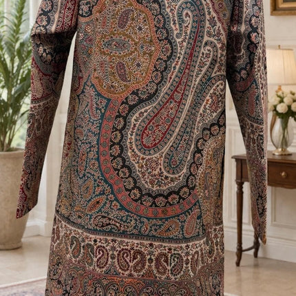 Kani Wool Jacket | Woven Kashmir Artwear, Black Multi, Knee Length