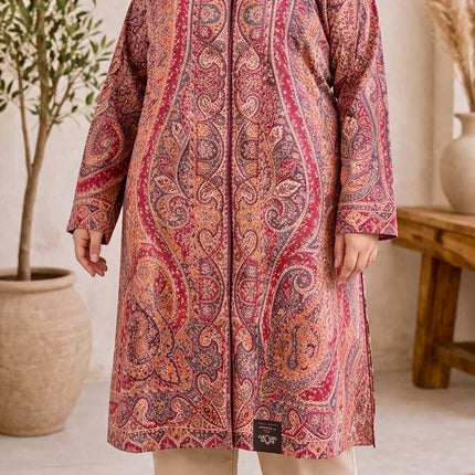 Kani Wool Jacket | Woven Kashmir Artwear, Red Paisley Print, Knee Length, Plus Size 50