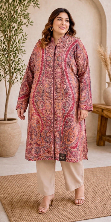 Kani Wool Jacket | Woven Kashmir Artwear, Red Paisley Print, Knee Length, Plus Size 50