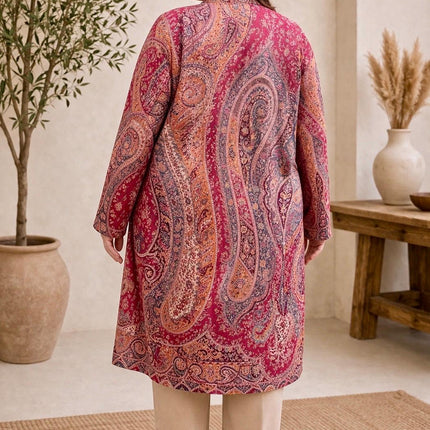 Kani Wool Jacket | Woven Kashmir Artwear, Red Paisley Print, Knee Length, Plus Size 50