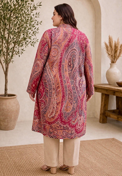 Kani Wool Jacket | Woven Kashmir Artwear, Red Paisley Print, Knee Length, Plus Size 50