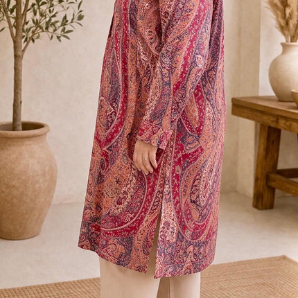 Kani Wool Jacket | Woven Kashmir Artwear, Red Paisley Print, Knee Length, Plus Size 50