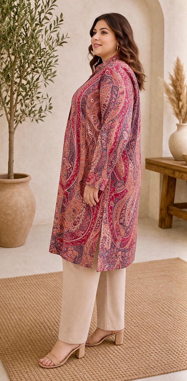 Kani Wool Jacket | Woven Kashmir Artwear, Red Paisley Print, Knee Length, Plus Size 50