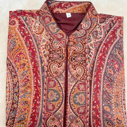 Kani Wool Jacket | Woven Kashmir Artwear, Red Paisley Print, Knee Length, Plus Size 50