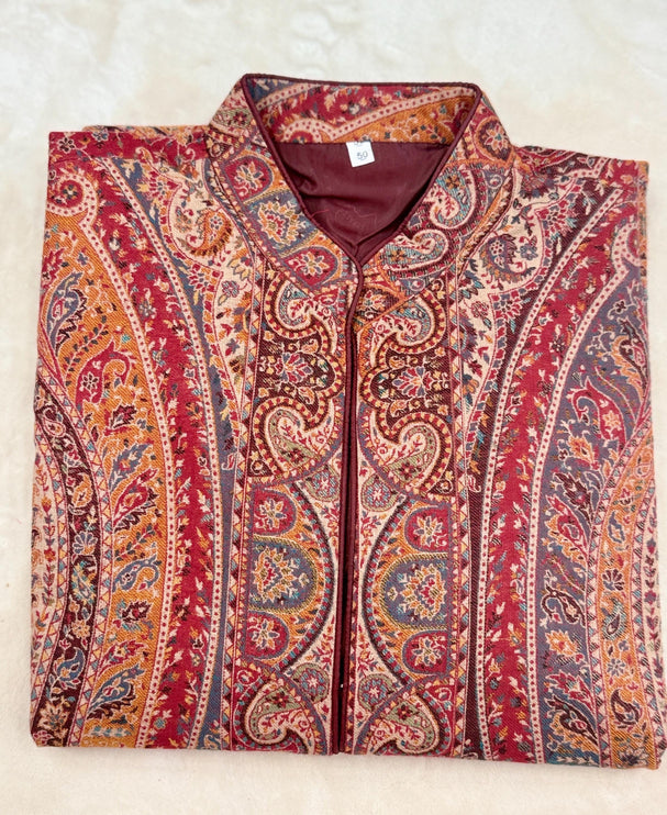 Kani Wool Jacket | Woven Kashmir Artwear, Red Paisley Print, Knee Length, Plus Size 50