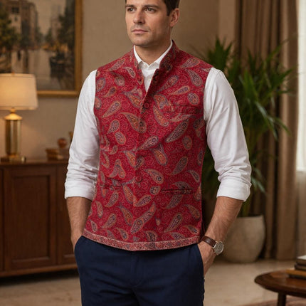 Kani Jamawar MENS WOVEN PAISLEY waistcoats, structured fit, Red color | Statement fashion wear| Size